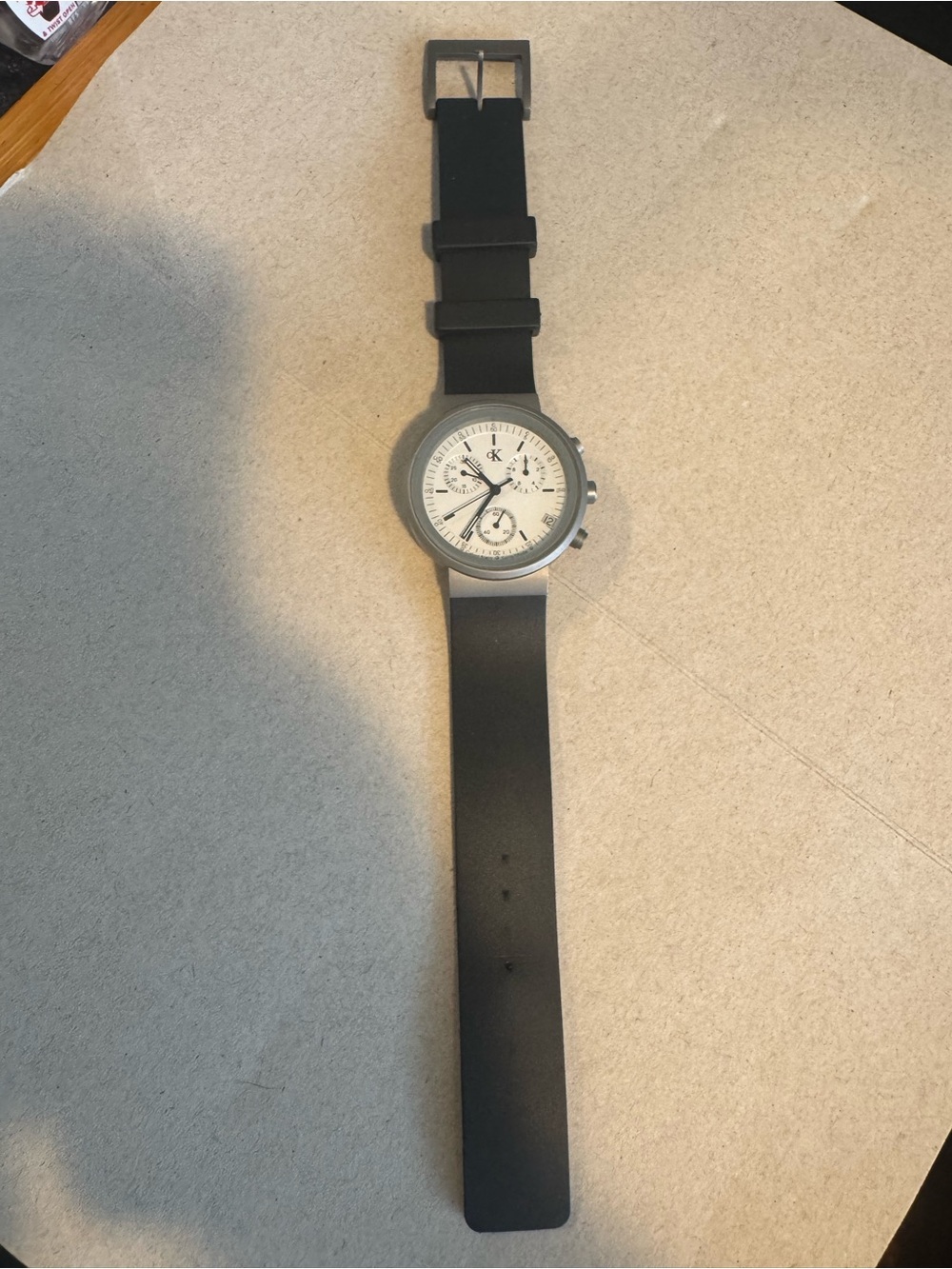 Calvin Klein Black Strap Silver-Tone Case Watch with White Dial
